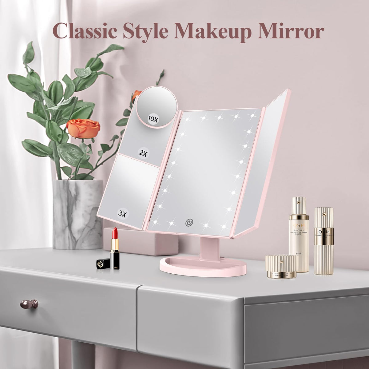 2X/3X/10X Magnifying Vanity Mirror with Light, Trifold Makeup Mirror
