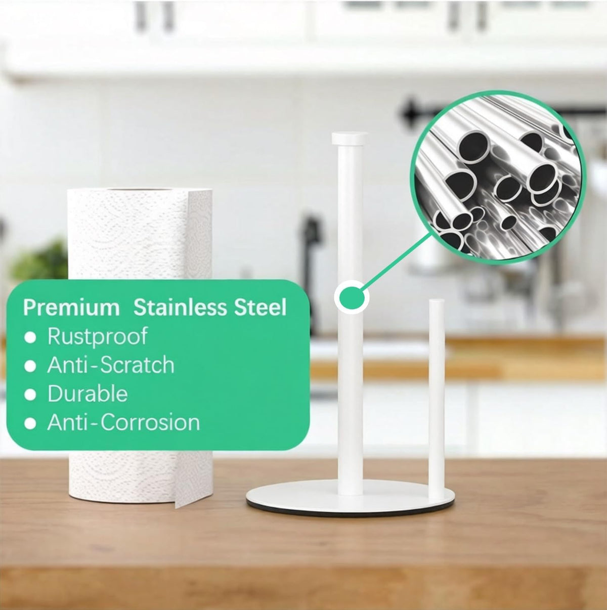 Premium Paper Towel Holder Countertop, for Kitchen, Bathroom, RV, Outdoor, Living Room,Dining Table or BBQ, Weighted Stainless Steel for Standard and Large Rolls-White(YaoJooHome)