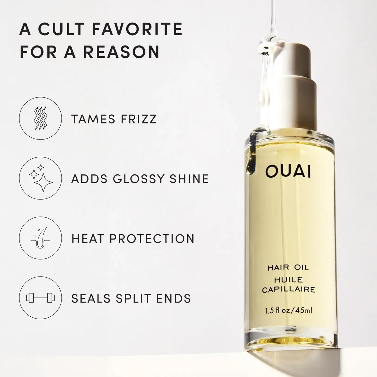OUAI Hair Oil, Lightweight Heat Protectant, Hair Frizz Control, 1.5 Fl Oz