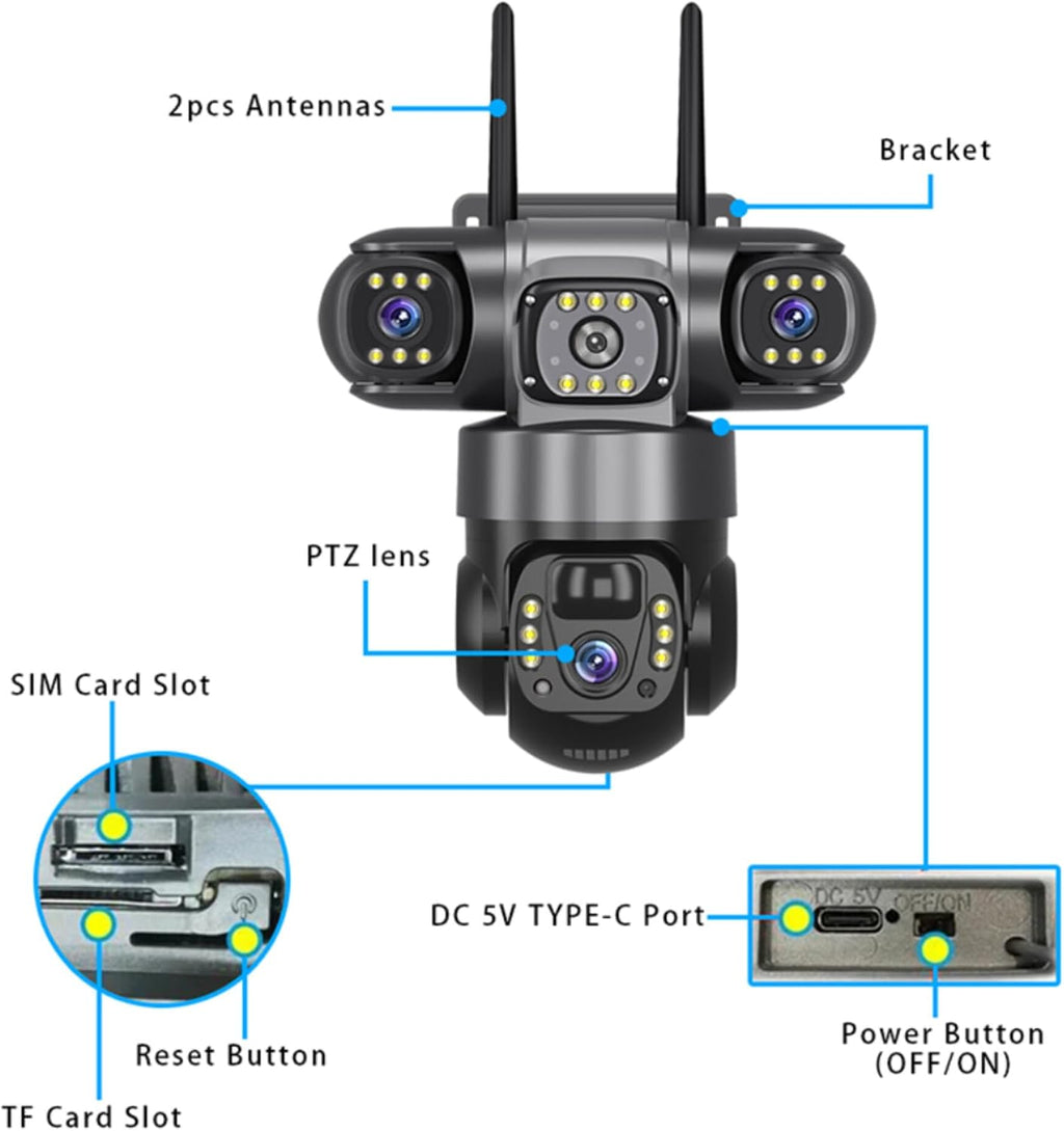 4G solar Security Camera, 12MP Full HD, 3 Lens, Outdoor PTZ, Solar Powered, Black(no Wi-Fi)
