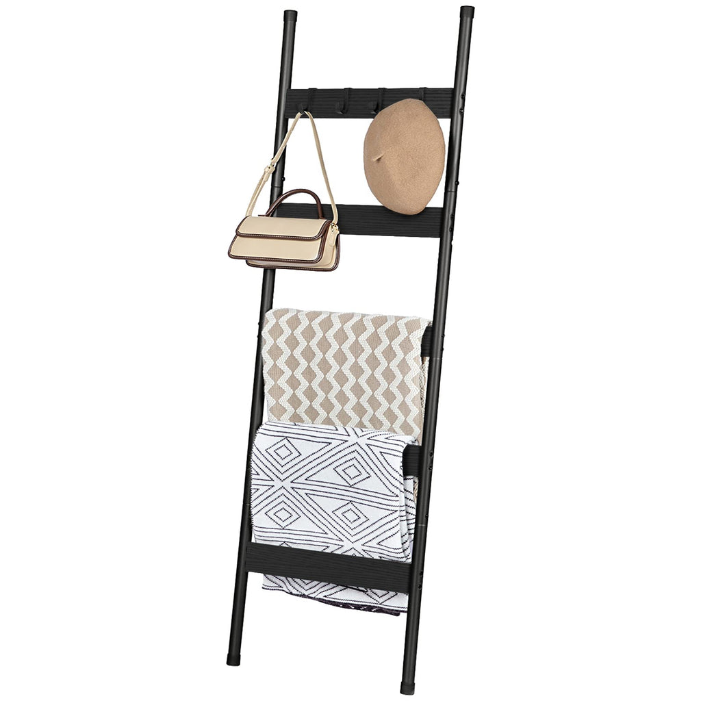 HOOBRO Blanket Ladder, 5-Tier Towel Rack with Hooks, Wall-Leaning Blanket Rack, Decorative Display Ladder Shelf, for Scarves, Industrial, Living Room, Bedroom, Rustic Brown and Black BF52CJ01G1