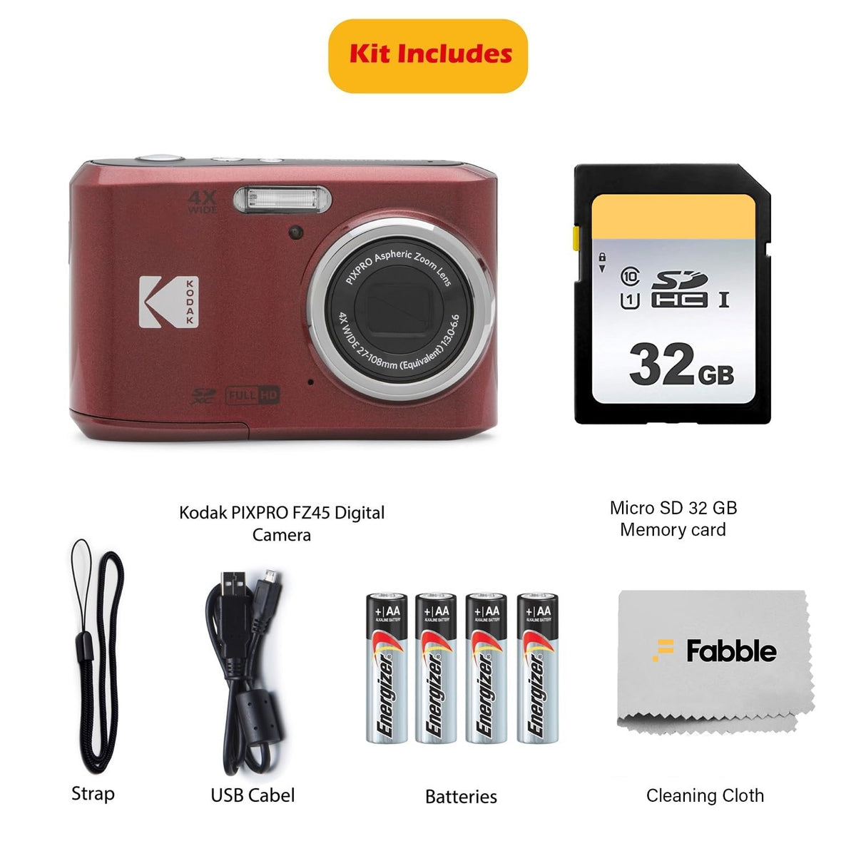 KODAK PIXPRO FZ45 16MP Digital Camera with 4X Optical Zoom 27mm Wide Angle and 2.7" LCD Screen Bundle with 32GB SD Memory Card, AA Batteries (4 Pack), Lens Cleaning Cloth (White)