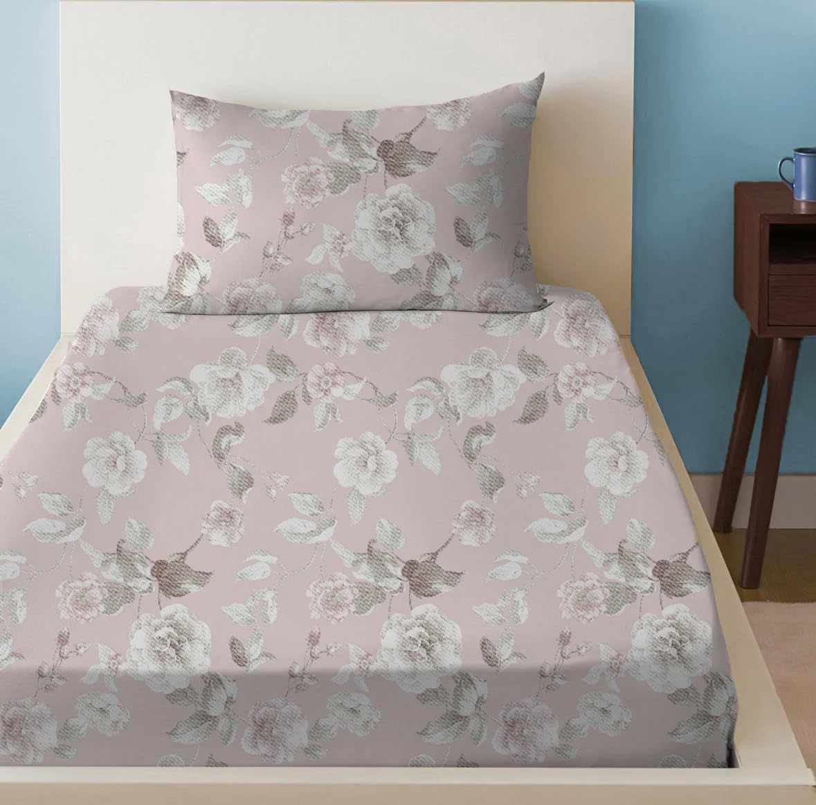 Sleep Well 90 GSM Bedsheet with Pillow Case (Blue & Pink Diamond Design, Single)