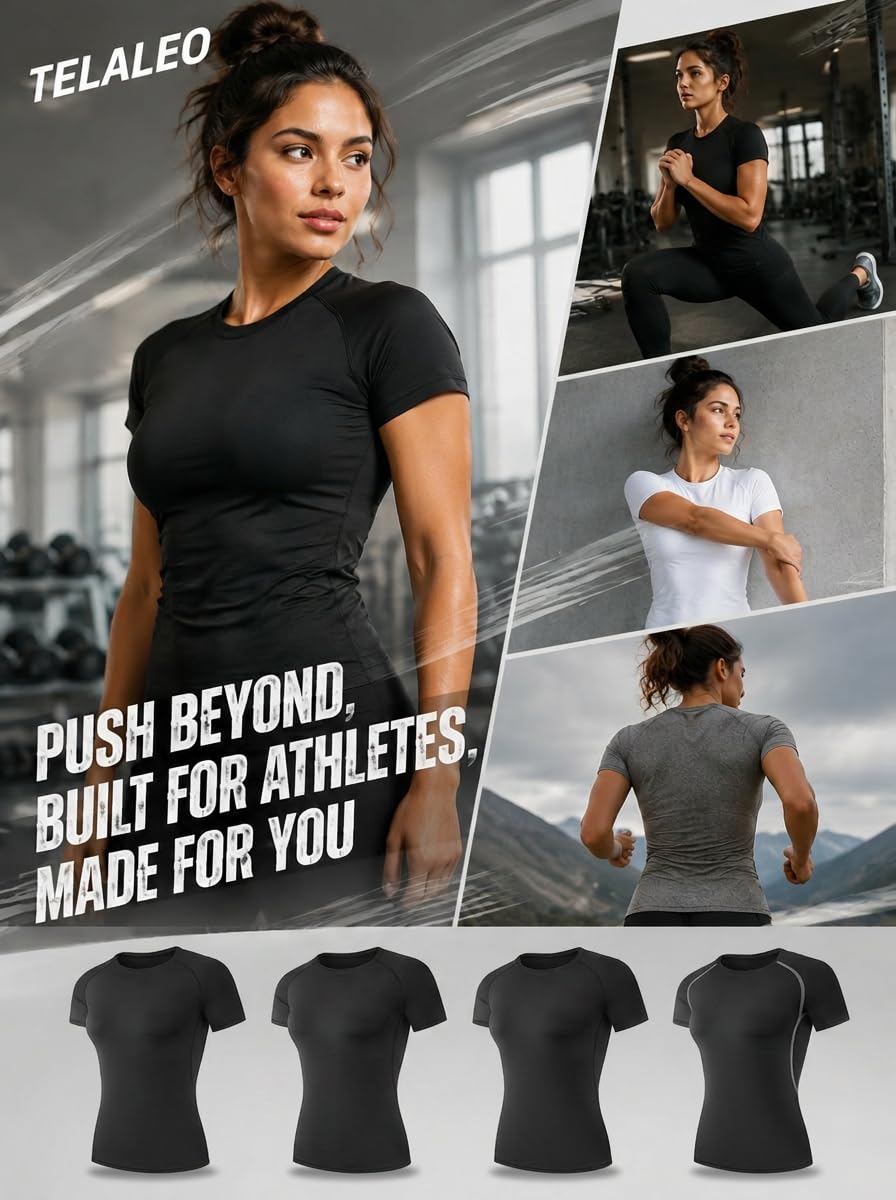 TELALEO 4 Pack Women's Short Sleeve Compression Shirt Workout Tops