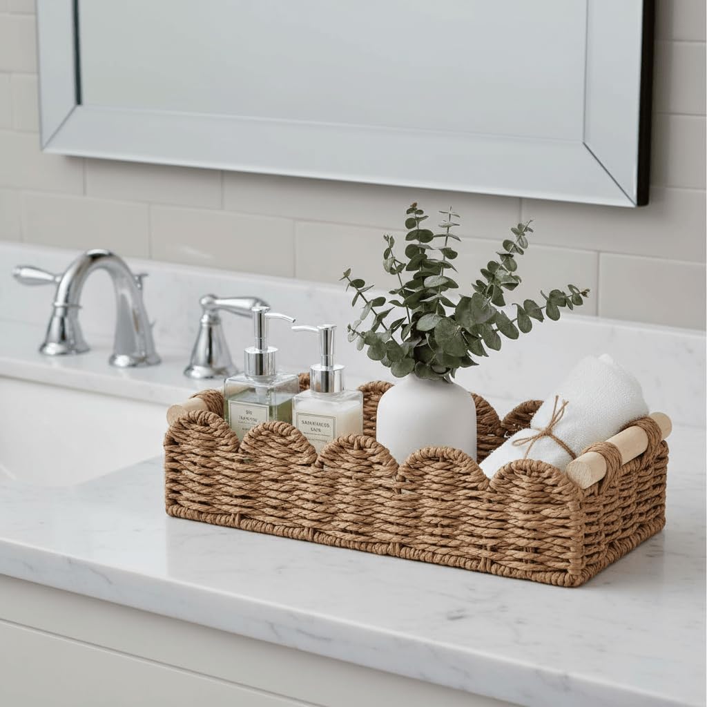 CubesLand Scalloped Toilet Paper Storage Basket W/Handle for Home Decor
