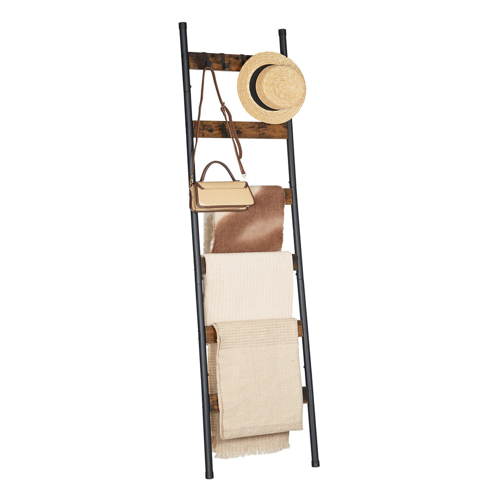 HOOBRO Blanket Ladder, 5-Tier Towel Rack with Hooks, Wall-Leaning Blanket Rack, Decorative Display Ladder Shelf, for Scarves, Industrial, Living Room, Bedroom, Rustic Brown and Black BF52CJ01G1