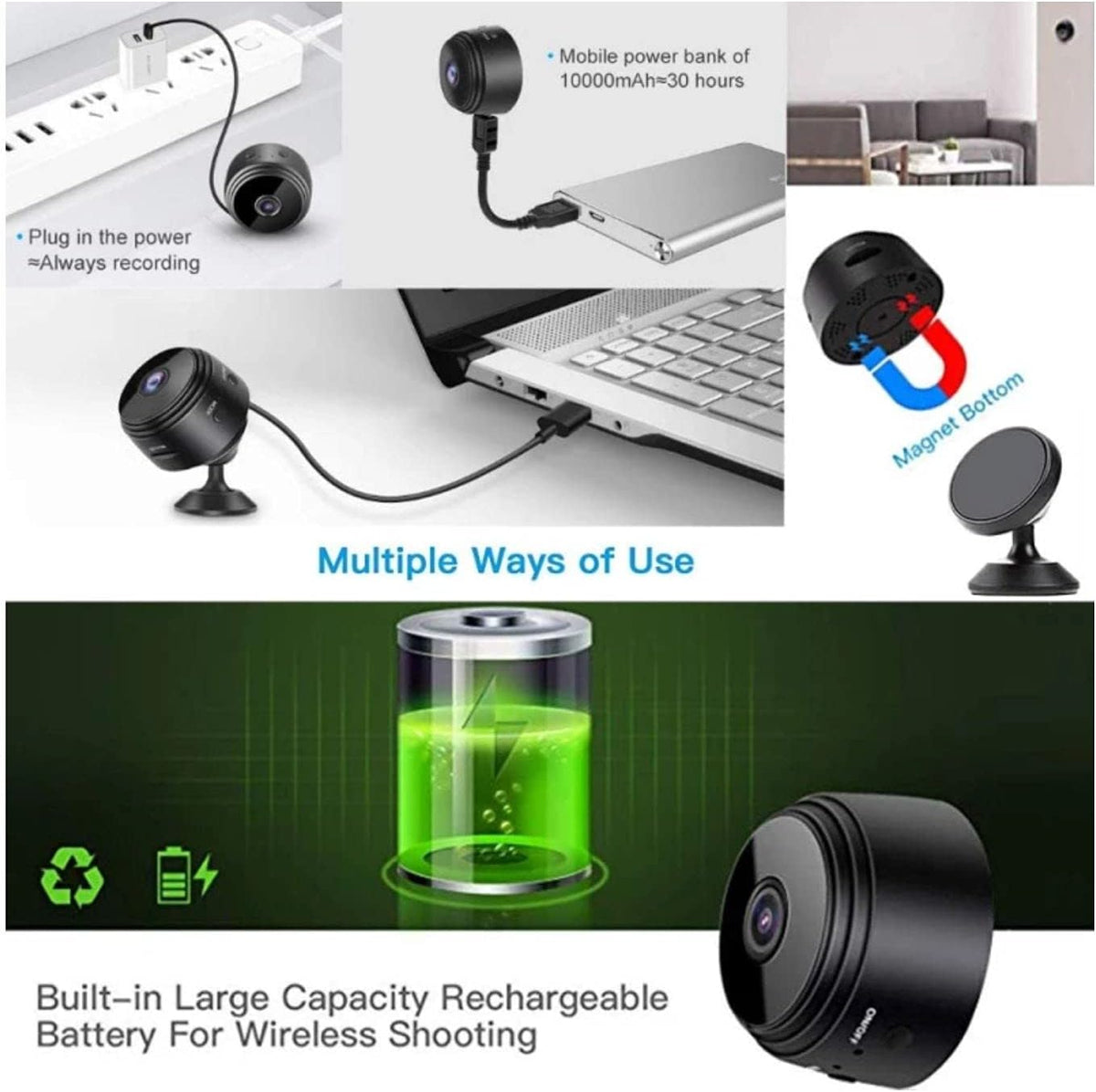 Eazyliv WiFi Mini Magnetic A9 Wireless Spy Hidden HD 1080P Small Portable Round Camera, Indoor Security Camera, Motion Detection, Instant Notifications Night Vision Camera (Camera & 64GB Card)