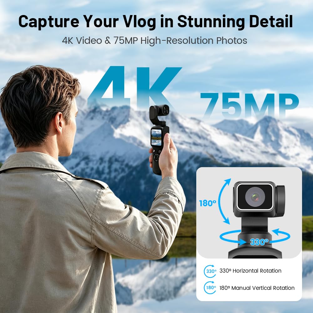 Aero 4K Vlogging Camera, 330° AI Face Tracking, 75MP Photos & Wi-Fi