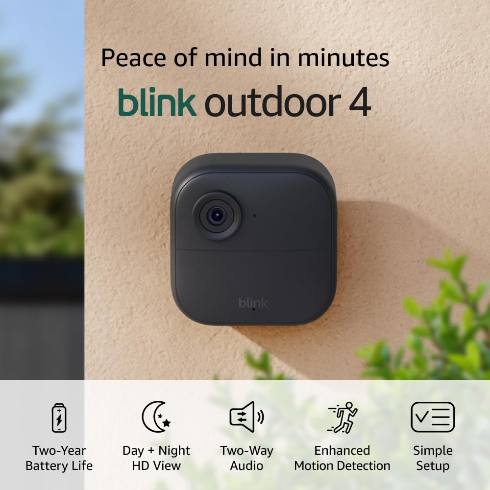 Blink Outdoor 4 and Wired Doorbell 2K+ (newest model) — Two-year battery 1080p cameras and 2K hardwired doorbell. Sync Module Core included — 3 Cameras + Doorbell (Black)