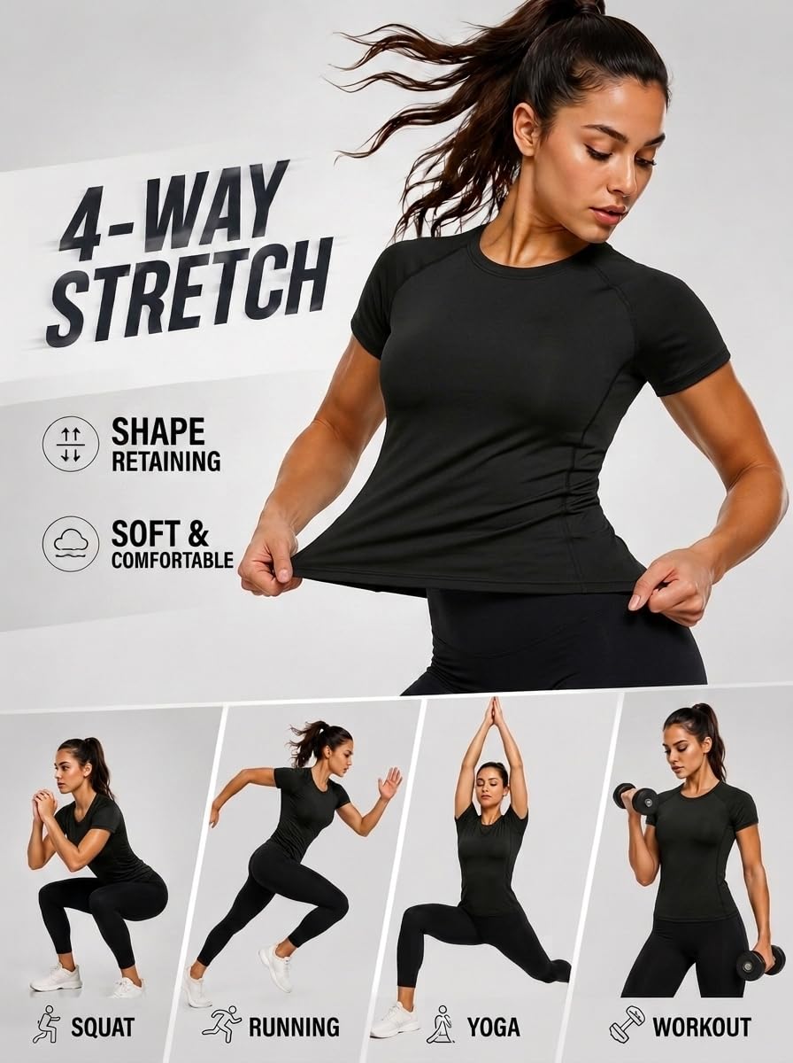 TELALEO 4 Pack Women's Short Sleeve Compression Shirt Workout Tops