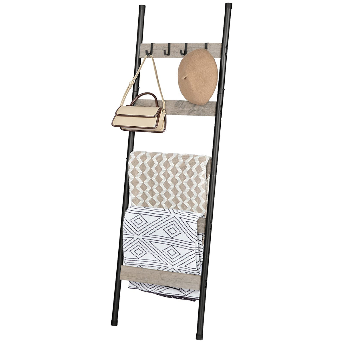 HOOBRO Blanket Ladder, 5-Tier Towel Rack with Hooks, Wall-Leaning Blanket Rack, Decorative Display Ladder Shelf, for Scarves, Industrial, Living Room, Bedroom, Rustic Brown and Black BF52CJ01G1