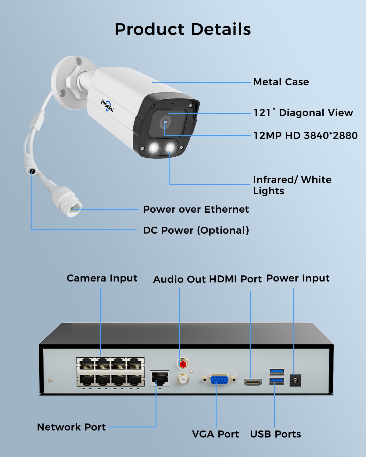 Hiseeu 4K PoE Security Camera System 8pcs PoE PTZ Cameras,360° View