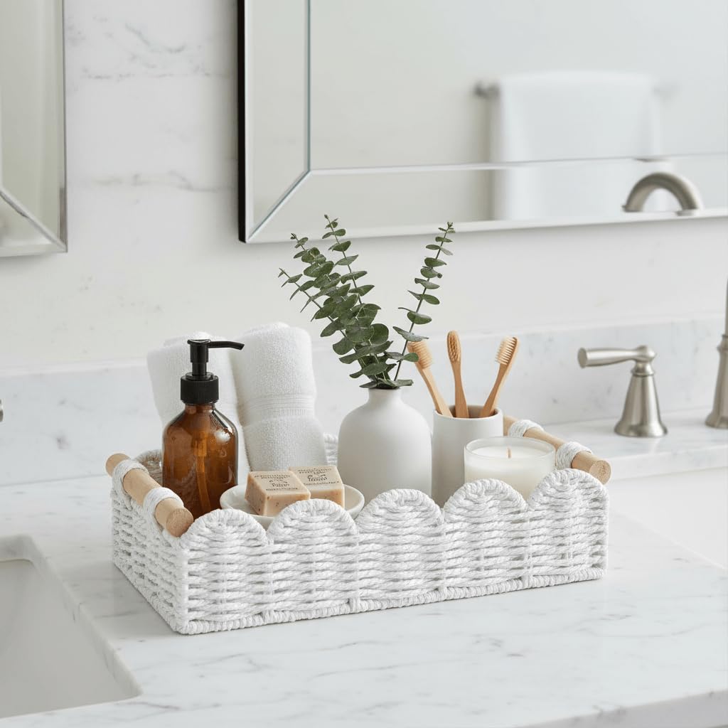 CubesLand Scalloped Toilet Paper Storage Basket W/Handle for Home Decor
