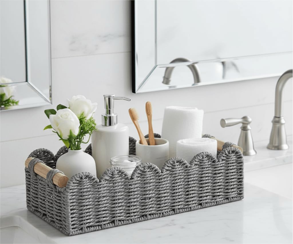 CubesLand Scalloped Toilet Paper Storage Basket W/Handle for Home Decor