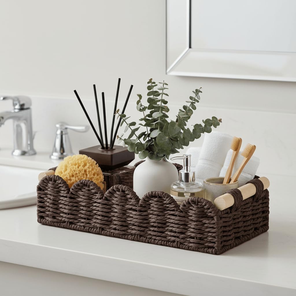 CubesLand Scalloped Toilet Paper Storage Basket W/Handle for Home Decor