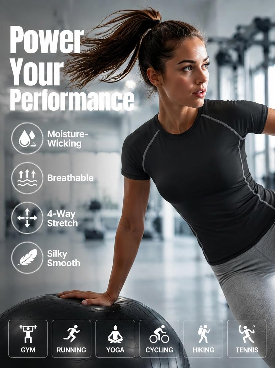 TELALEO 4 Pack Women's Short Sleeve Compression Shirt Workout Tops
