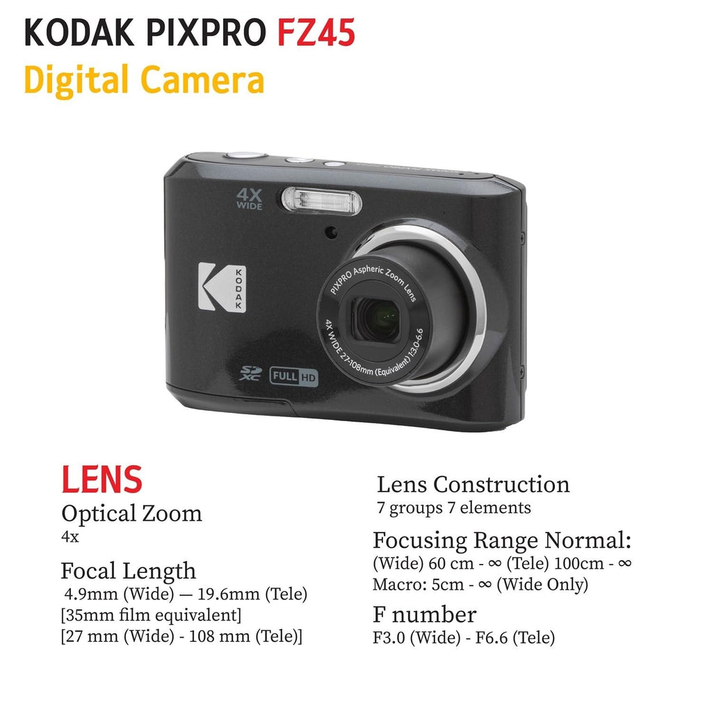 KODAK PIXPRO FZ45 16MP Digital Camera with 4X Optical Zoom 27mm Wide Angle and 2.7" LCD Screen Bundle with 32GB SD Memory Card, AA Batteries (4 Pack), Lens Cleaning Cloth (White)