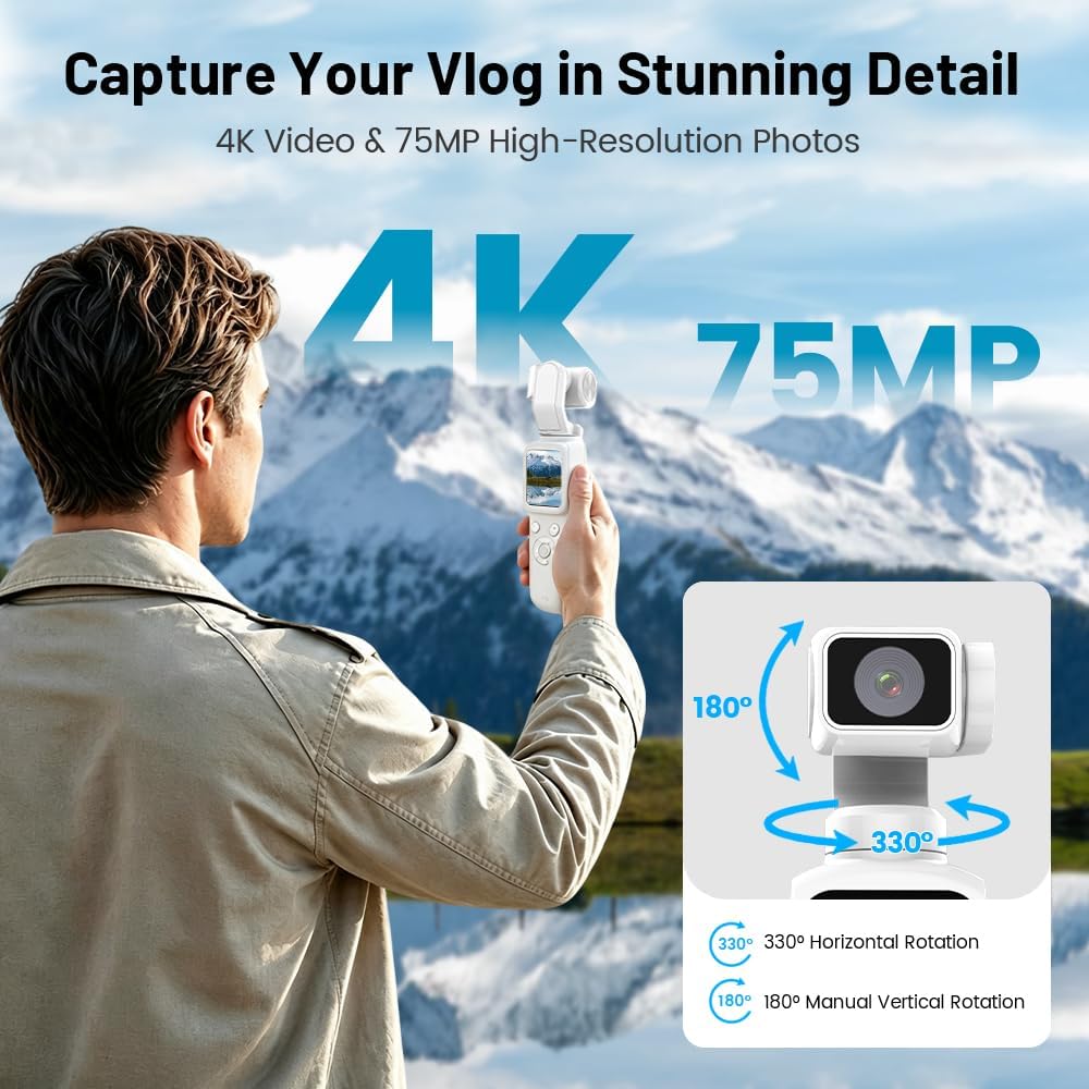 Aero 4K Vlogging Camera, 330° AI Face Tracking, 75MP Photos & Wi-Fi