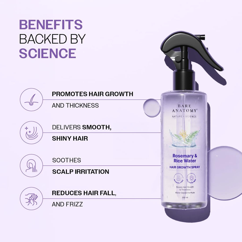 Bare Anatomy Nature x Science Rosemary Water Spray for Hair Growth & Hair Thickness with Rice Water |100% Natural Extract | Soft & Smooth Hair| Controls Hairfall| Non-Greasy & Fast Absorbing | 200ml