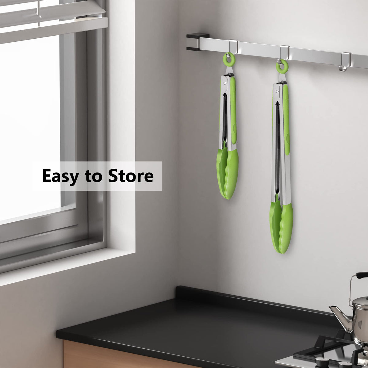 2 Pack Silicone Kitchen Tongs, 9 & 12 Inch, Stainless Steel, Black