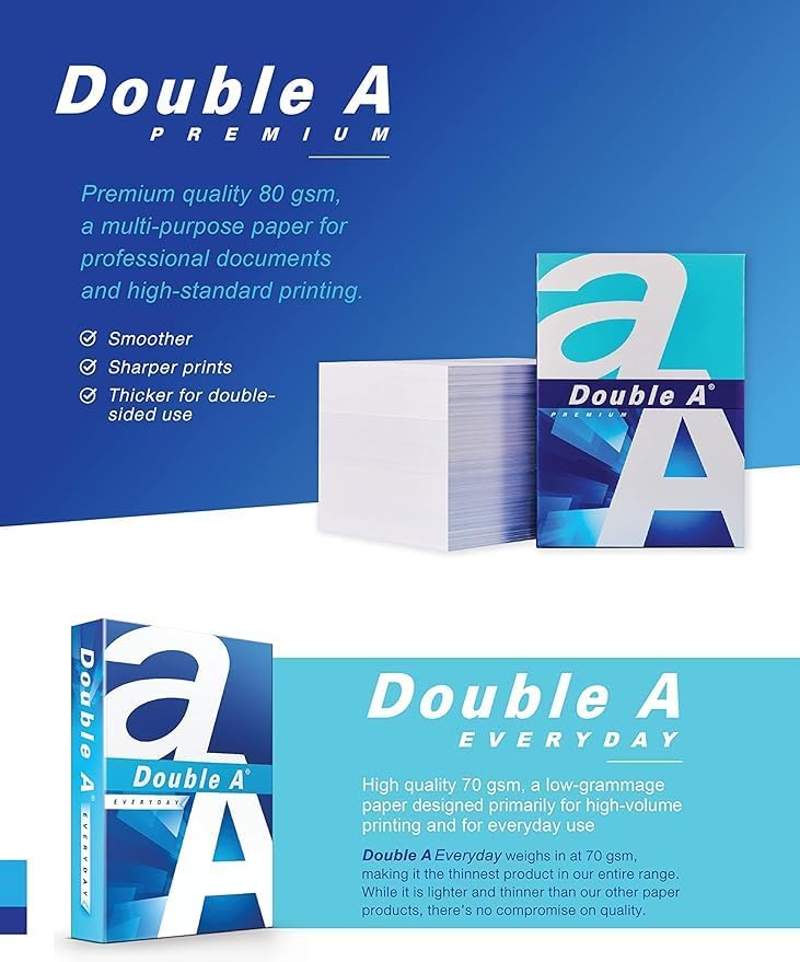Double A A4 Printer Copy Paper | 80 GSM 500 Sheets per Ream | Pack of 5 Reams | Multipurpose Paper for Printers Copiers Fax Machine