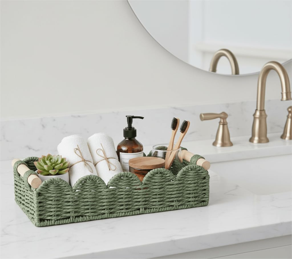 CubesLand Scalloped Toilet Paper Storage Basket W/Handle for Home Decor