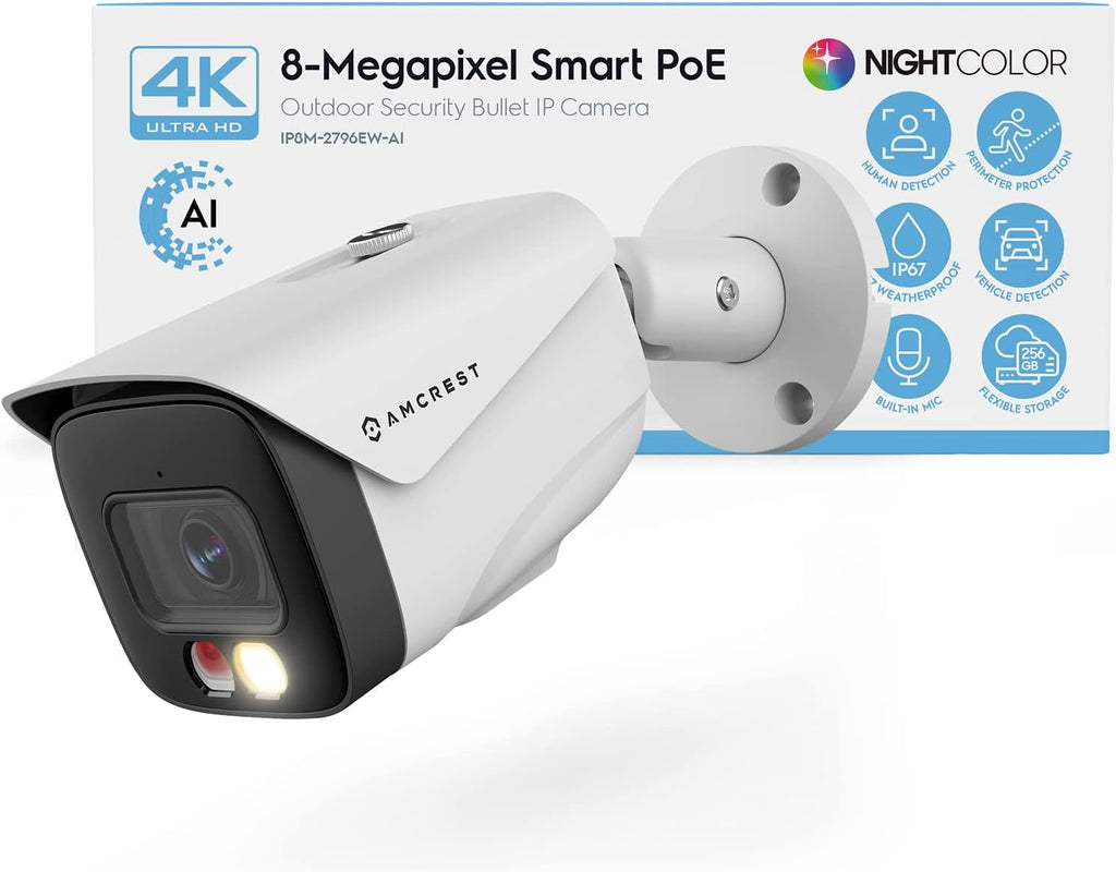امكرست كاميرا الترا اتش دي 4K (8MP) IP PoE AI بمجال رؤية 129 درجة، رؤية ليلية ملونة 49 قدم، كاميرا مراقبة خارجية رصاصة للكشف عن الانسان والمركبات، رادع نشط، 4K @15fps، IP8M-2796EW-AI (ابيض)