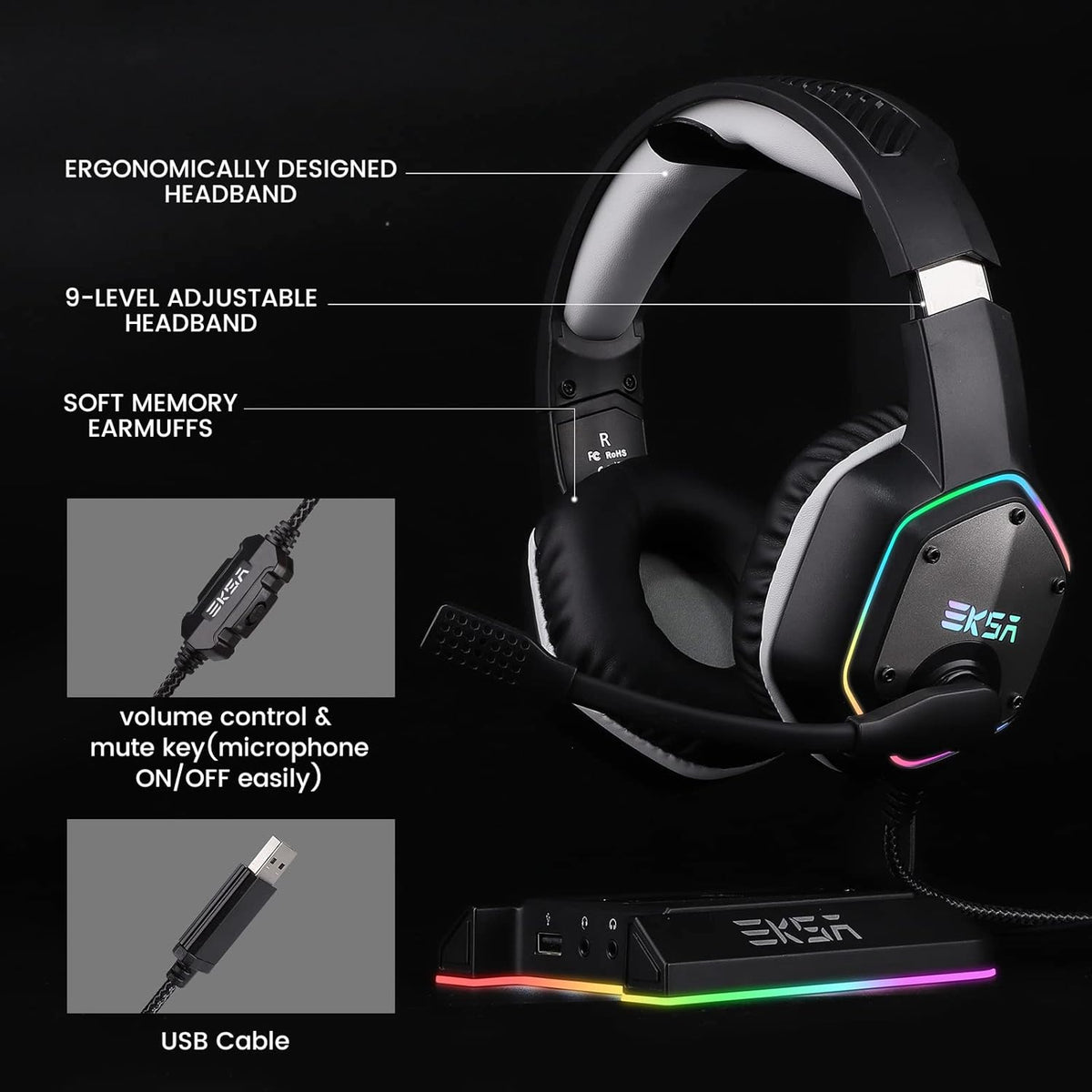 EKSA E1000 USB PC Gaming Headset with Mic, 7.1 Surround Sound