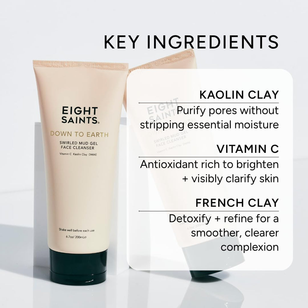 Eight Saints Down To Earth Mud Gel Face Wash, Gentle & Effective Anti Aging Cleanser, Makeup Remover, Nourishing & Hydrating Cleanser, with Vitamin C, Kaolin Clay, & Ylang Ylang Flower Oil, 6.7 oz