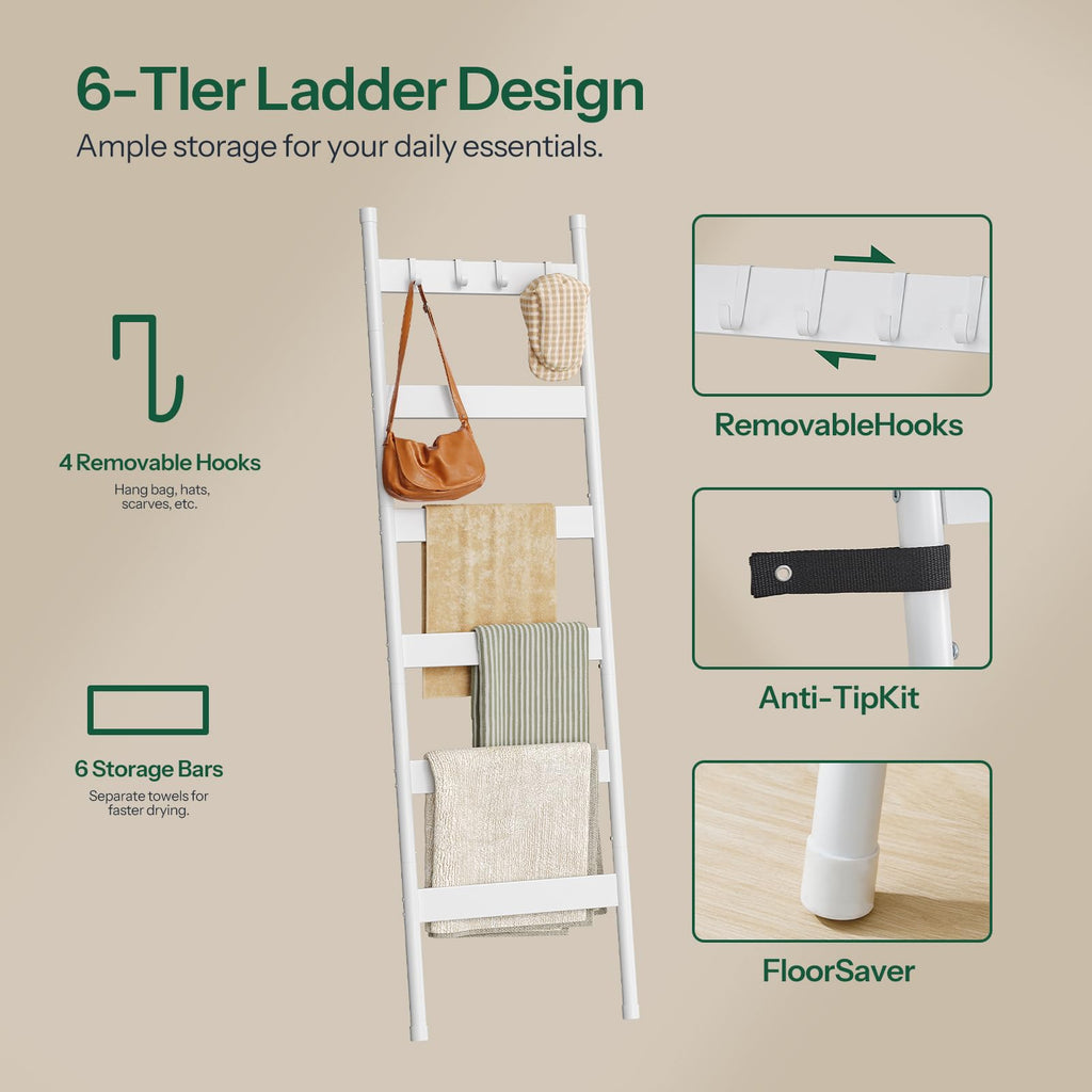 HOOBRO Blanket Ladder, 5-Tier Towel Rack with Hooks, Wall-Leaning Blanket Rack, Decorative Display Ladder Shelf, for Scarves, Industrial, Living Room, Bedroom, Rustic Brown and Black BF52CJ01G1