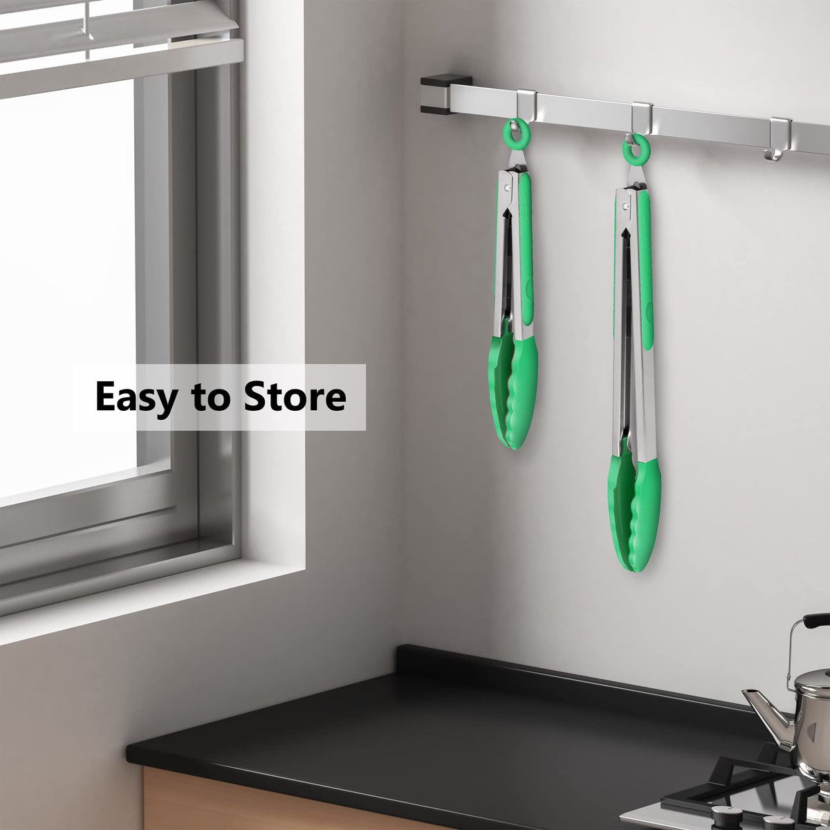 2 Pack Silicone Kitchen Tongs, 9 & 12 Inch, Stainless Steel, Black