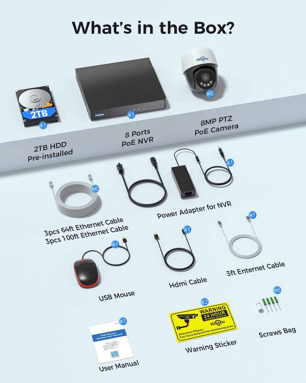 Hiseeu 4K PoE Security Camera System 8pcs PoE PTZ Cameras,360° View
