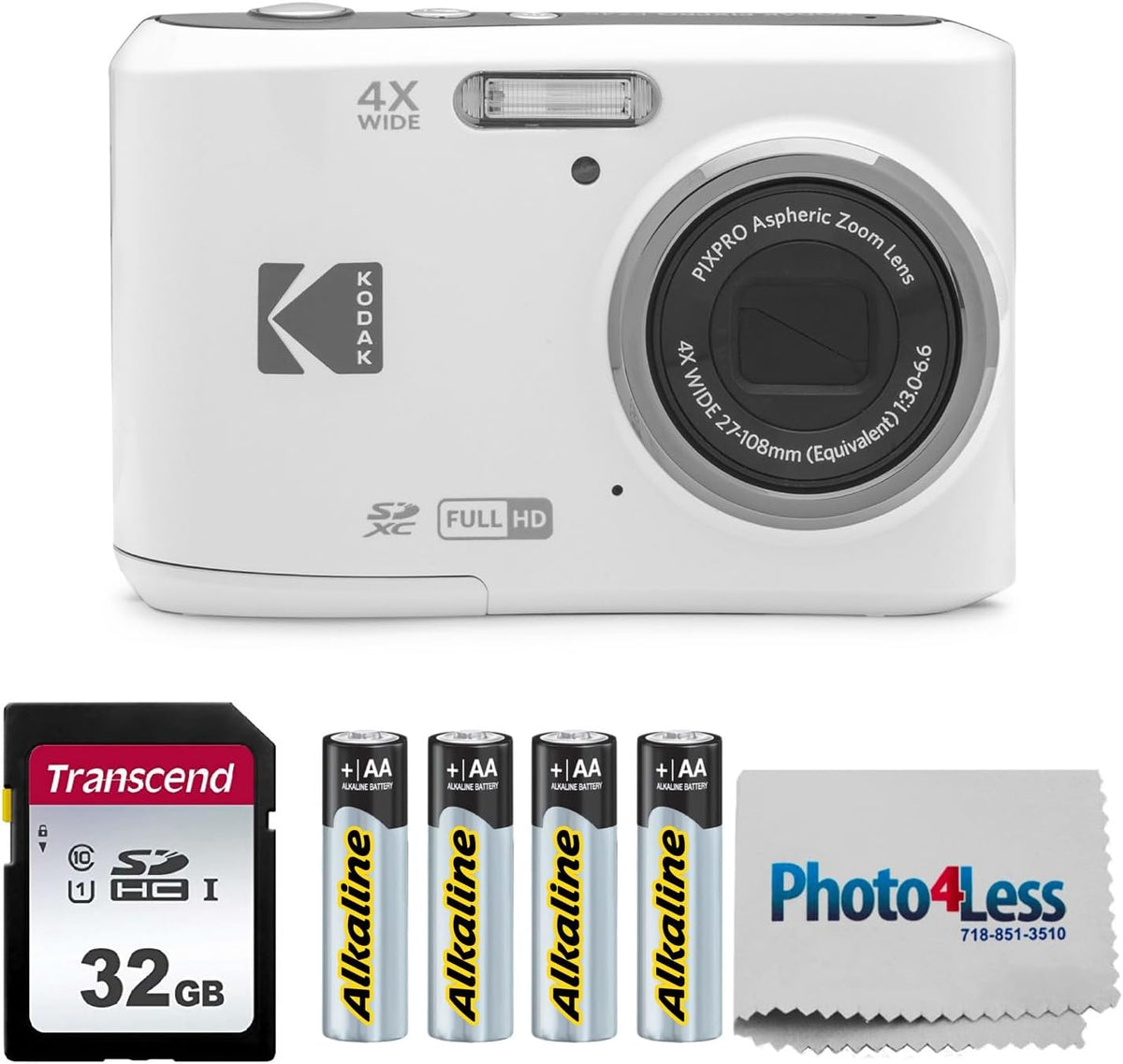 KODAK PIXPRO FZ45 16MP Digital Camera with 4X Optical Zoom 27mm Wide Angle and 2.7" LCD Screen Bundle with 32GB SD Memory Card, AA Batteries (4 Pack), Lens Cleaning Cloth (White)
