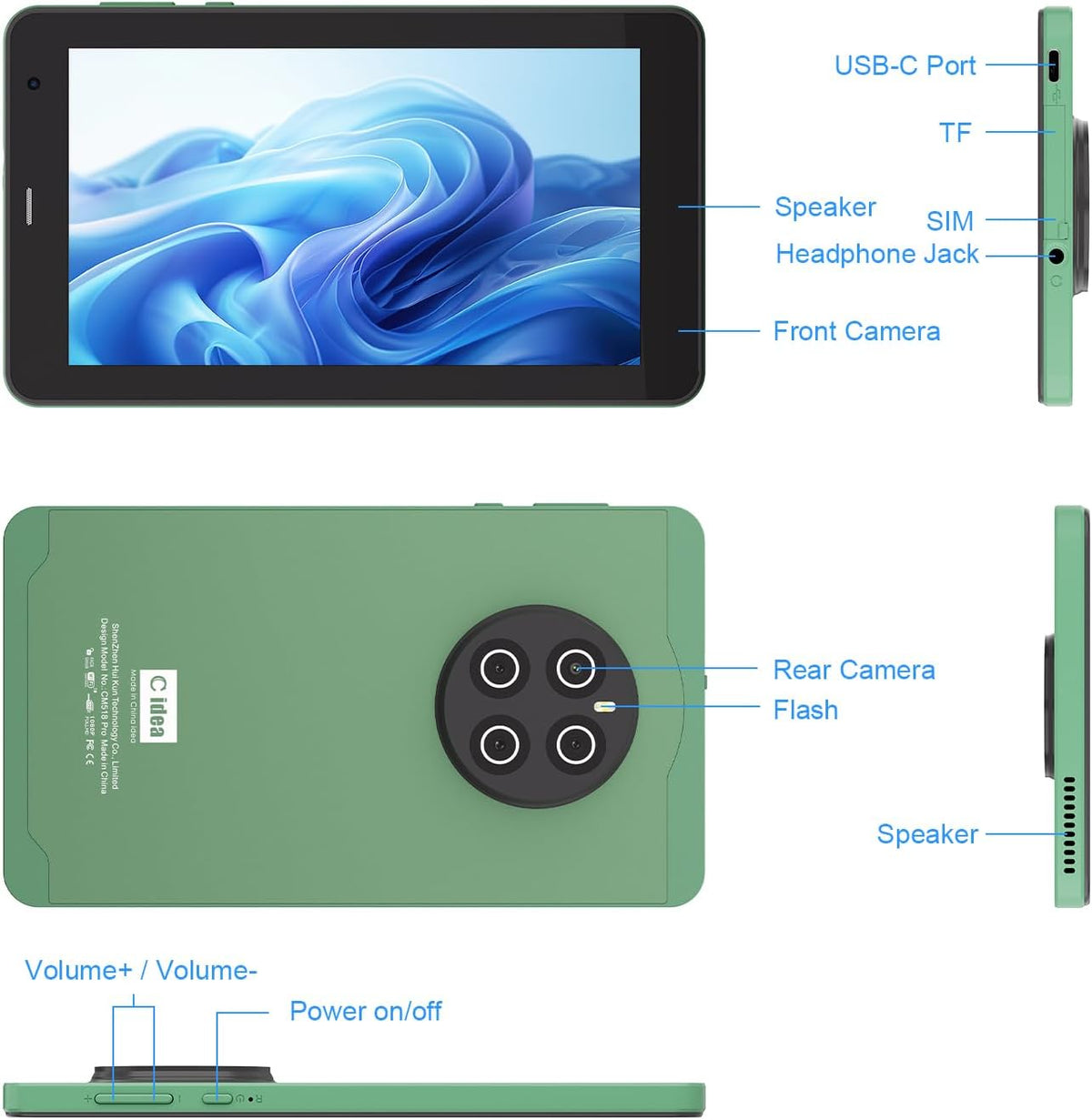 C idea 7 Inch Tablet,Android 13 Tablet,Quad Core Processor,8GB RAM 512GB ROM,512GB Expand,Dual Camera,Tablet with SIM, WiFi,Bluetooth,Case,StylusCM518 Pro (Green)