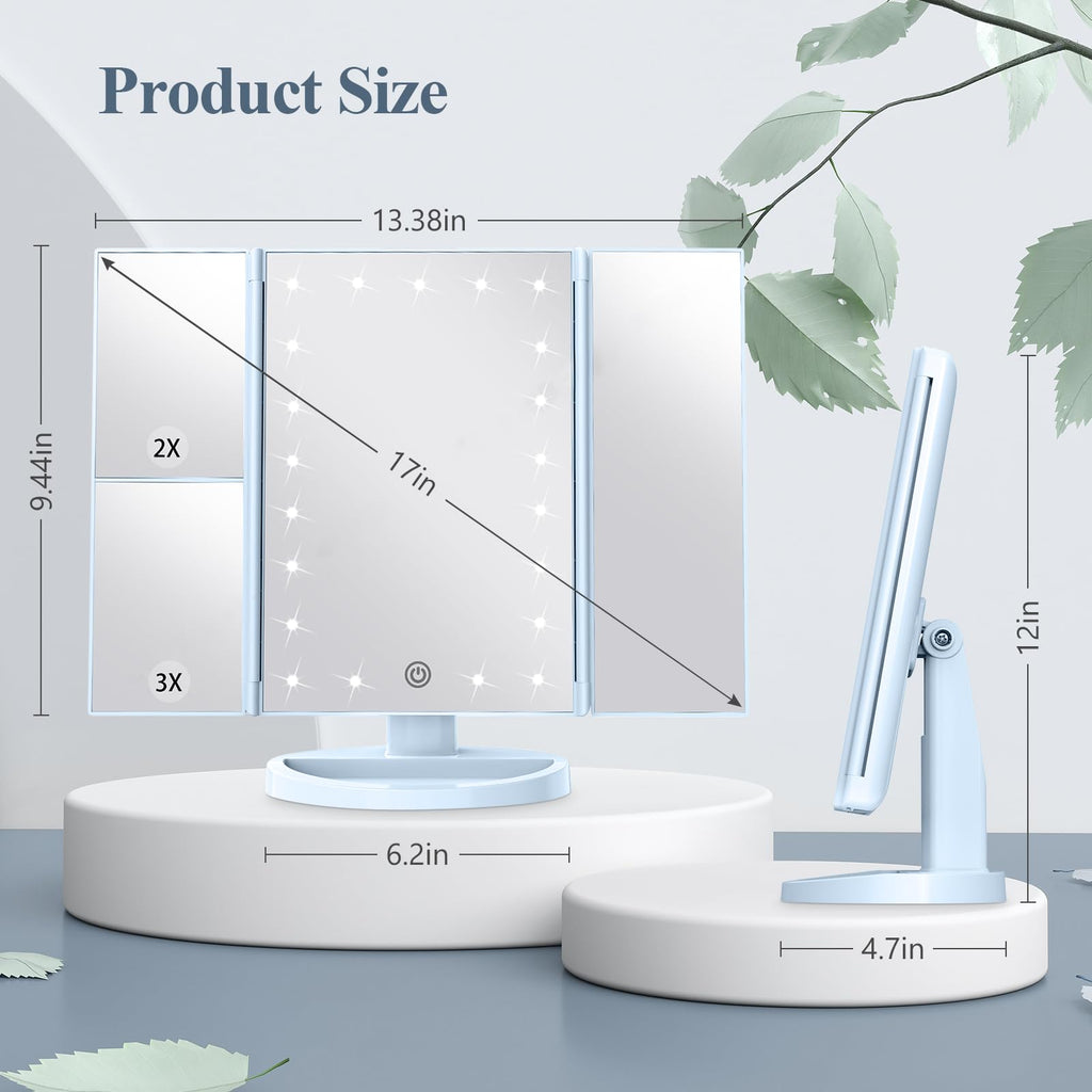 2X/3X/10X Magnifying Vanity Mirror with Light, Trifold Makeup Mirror