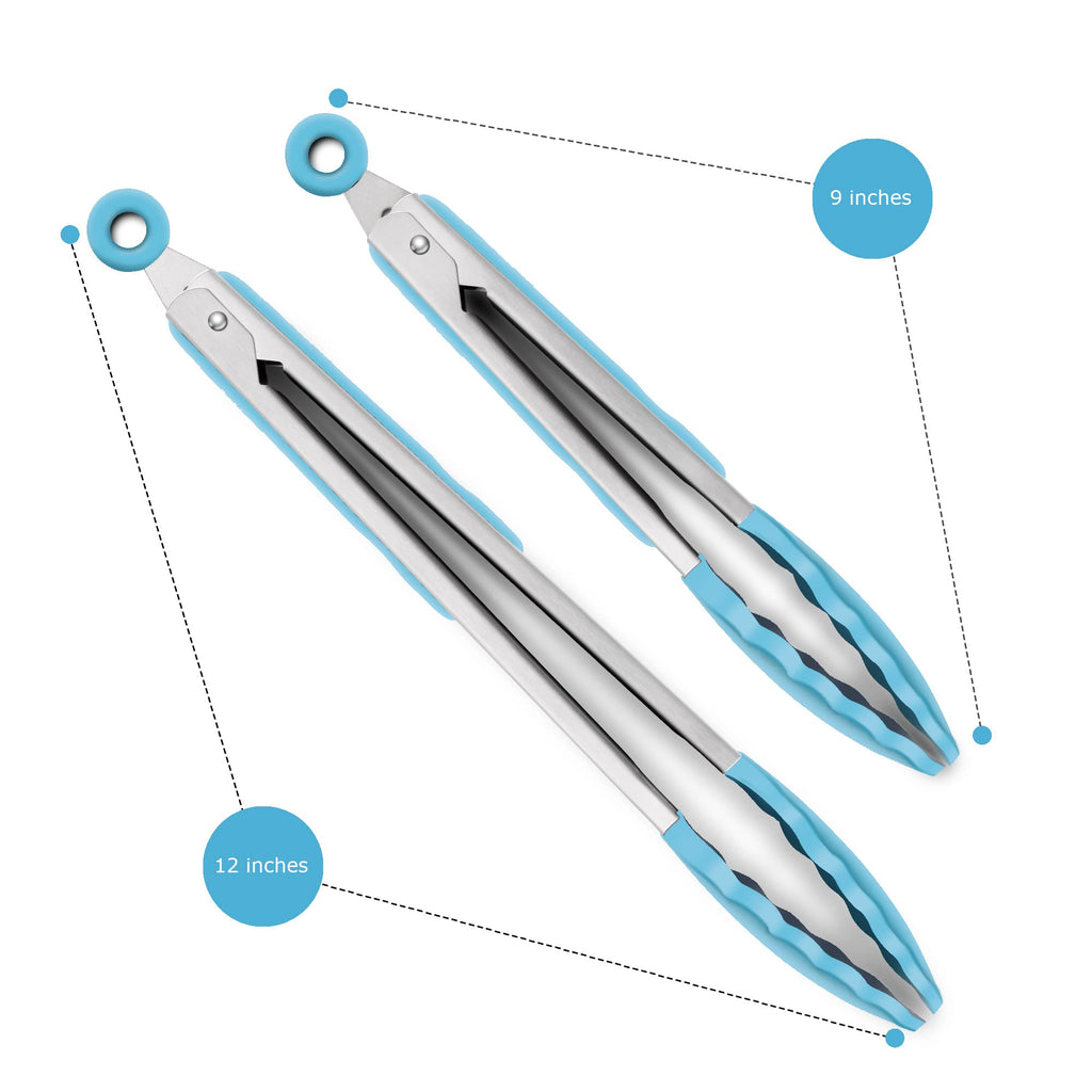 2 Pack Silicone Kitchen Tongs, 9 & 12 Inch, Stainless Steel, Black