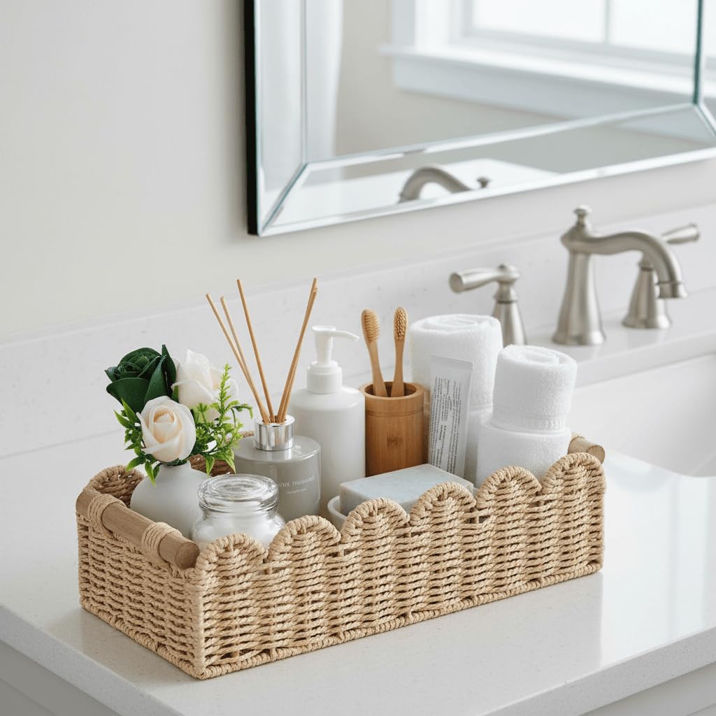 CubesLand Scalloped Toilet Paper Storage Basket W/Handle for Home Decor