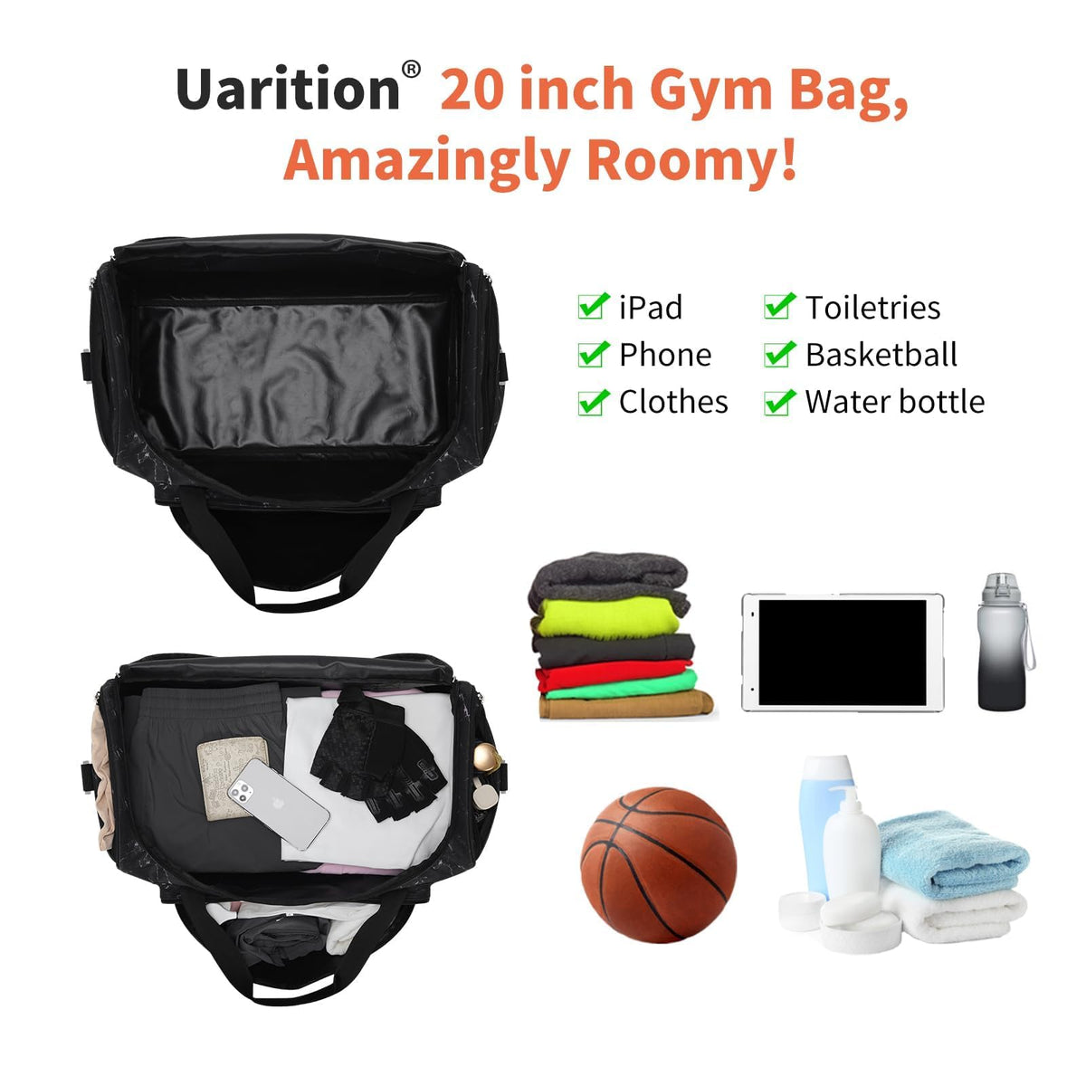 Gym Bag for Men & Women - 50L Large Duffle Bag for Travel, Black