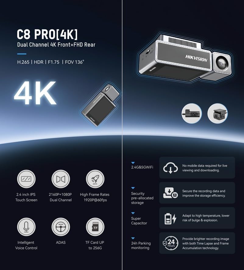 هايكفيجين كاميرا داش C8 برو واي فاي 4K وFHD