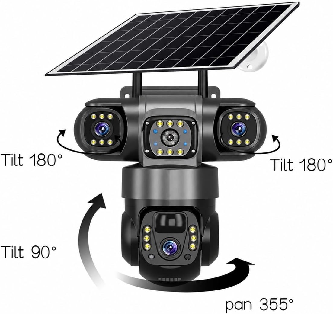 4G solar Security Camera, 12MP Full HD, 3 Lens, Outdoor PTZ, Solar Powered, Black(no Wi-Fi)