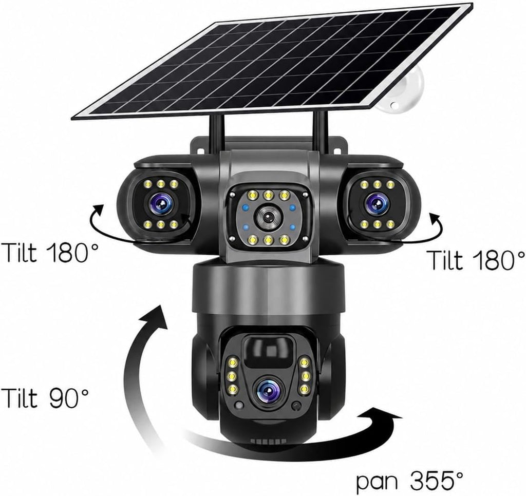 4G solar Security Camera, 12MP Full HD, 3 Lens, Outdoor PTZ, Solar Powered, Black(no Wi-Fi)