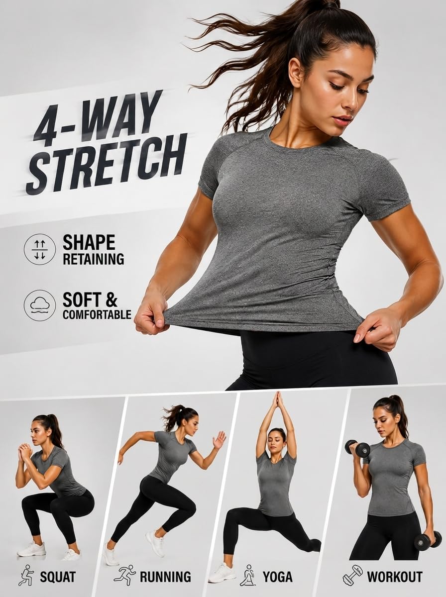 TELALEO 4 Pack Women's Short Sleeve Compression Shirt Workout Tops