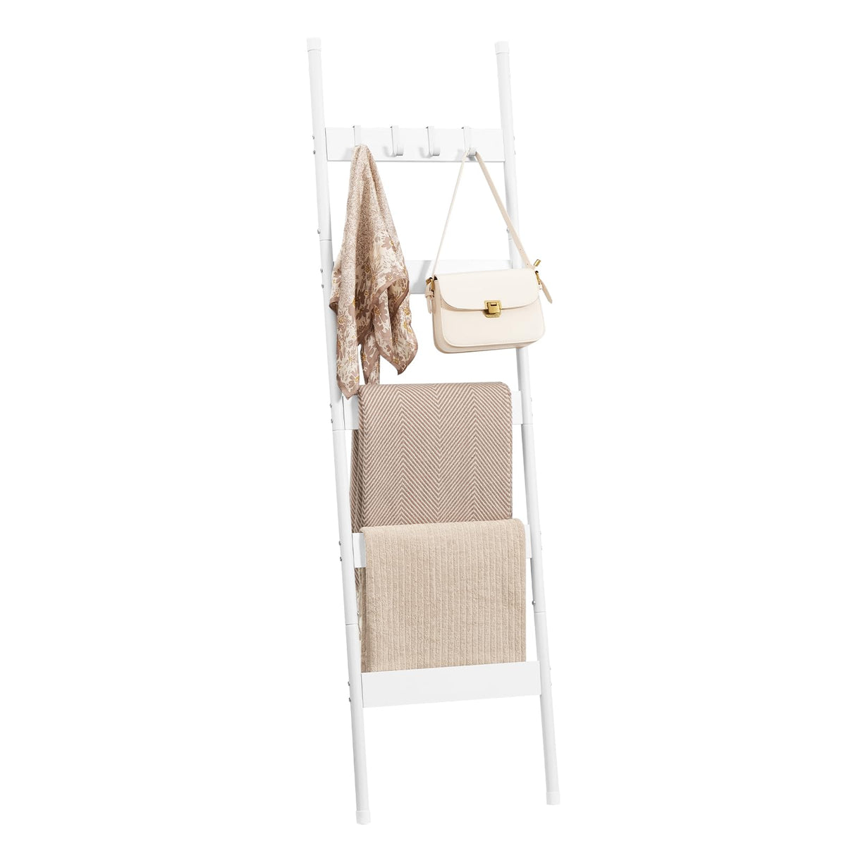 HOOBRO Blanket Ladder, 5-Tier Towel Rack with Hooks, Wall-Leaning Blanket Rack, Decorative Display Ladder Shelf, for Scarves, Industrial, Living Room, Bedroom, Rustic Brown and Black BF52CJ01G1