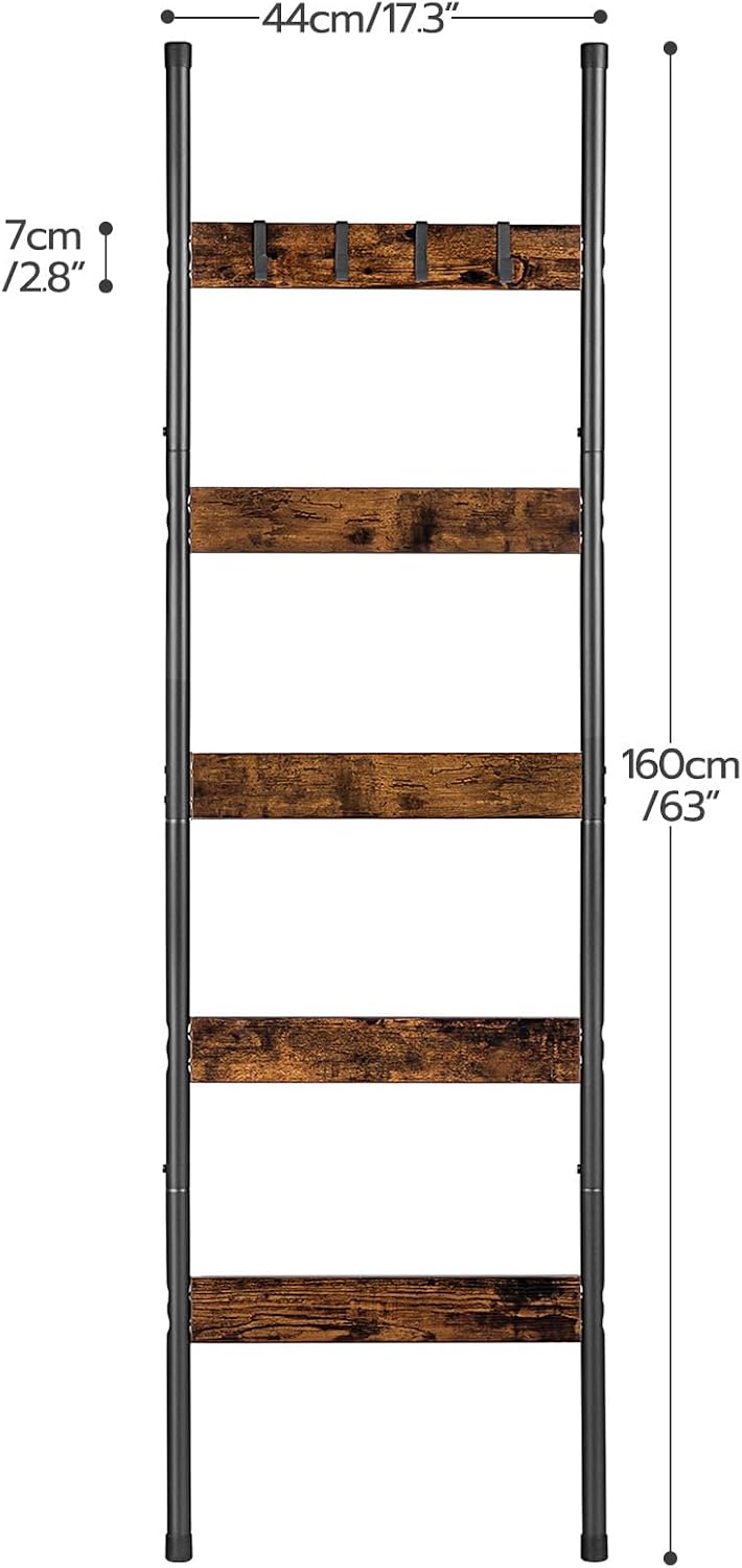 HOOBRO Blanket Ladder, 5-Tier Towel Rack with Hooks, Wall-Leaning Blanket Rack, Decorative Display Ladder Shelf, for Scarves, Industrial, Living Room, Bedroom, Rustic Brown and Black BF52CJ01G1