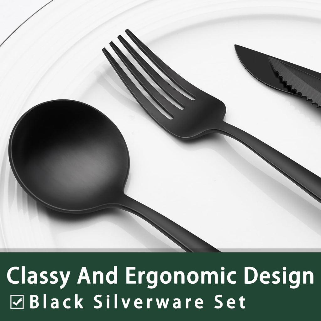 EWFEN 24-Piece Black Silverware Set with Steak Knives, Black Flatware Set for 4, Food-Grade Stainless Steel Tableware Cutlery Set, Mirror Finished Utensil Sets for Home Restaurant, Round Edge