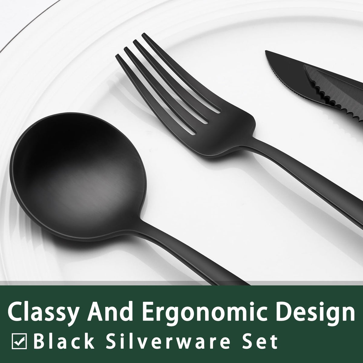 EWFEN 24-Piece Black Silverware Set with Steak Knives, Black Flatware Set for 4, Food-Grade Stainless Steel Tableware Cutlery Set, Mirror Finished Utensil Sets for Home Restaurant, Round Edge