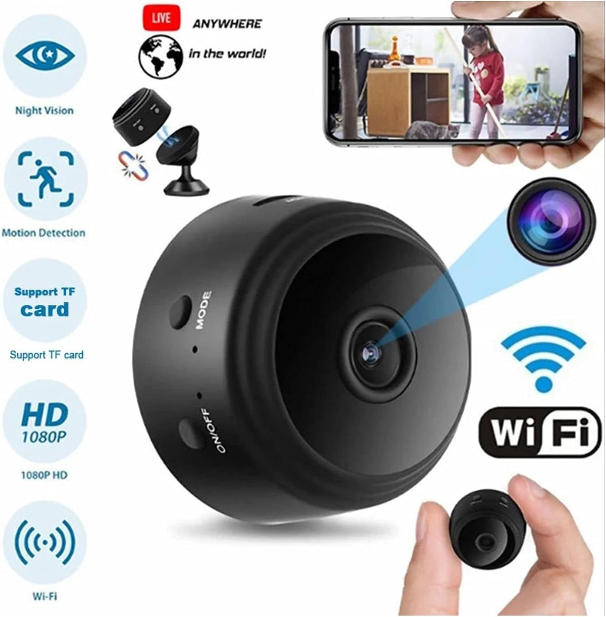 Eazyliv WiFi Mini Magnetic A9 Wireless Spy Hidden HD 1080P Small Portable Round Camera, Indoor Security Camera, Motion Detection, Instant Notifications Night Vision Camera (Camera & 64GB Card)