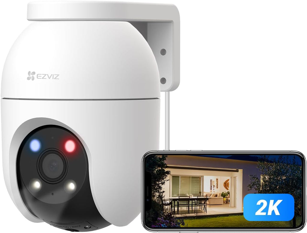 EZVIZ كاميرا مراقبة خارجية سلكية واي فاي 2K، رؤية ليلية ملونة، كشف الانسان/المركبات، تتبع تلقائي، دوران وامالة 360 درجة، بدون رسوم شهرية، تدعم 512GB، نظام سي سي تي في المنزلي، اليكسا/جوجل (C8C 2K)