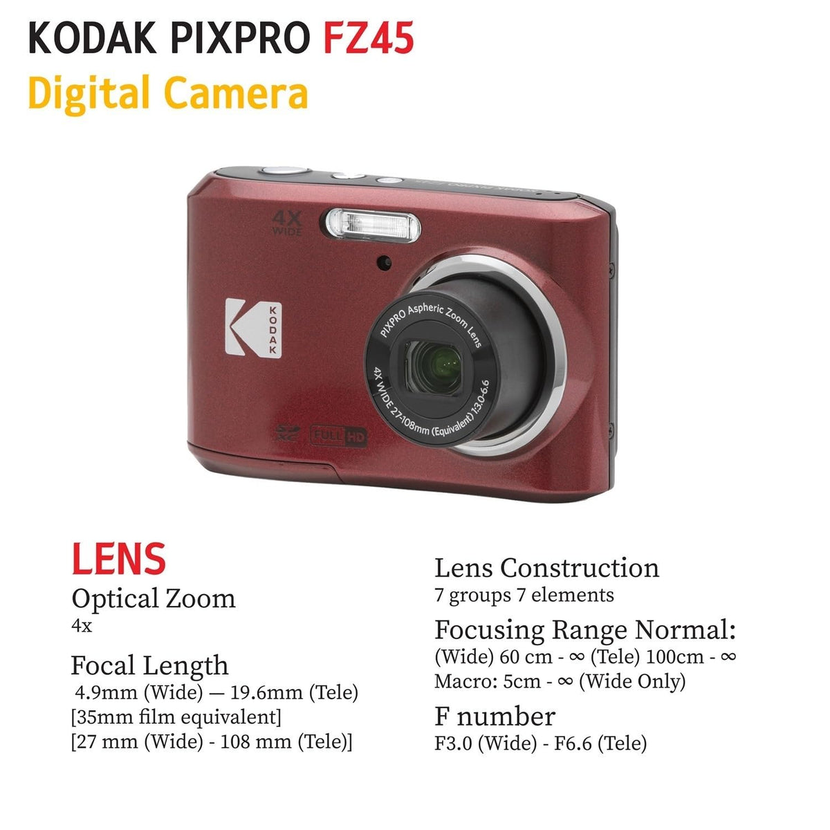 KODAK PIXPRO FZ45 16MP Digital Camera with 4X Optical Zoom 27mm Wide Angle and 2.7" LCD Screen Bundle with 32GB SD Memory Card, AA Batteries (4 Pack), Lens Cleaning Cloth (White)