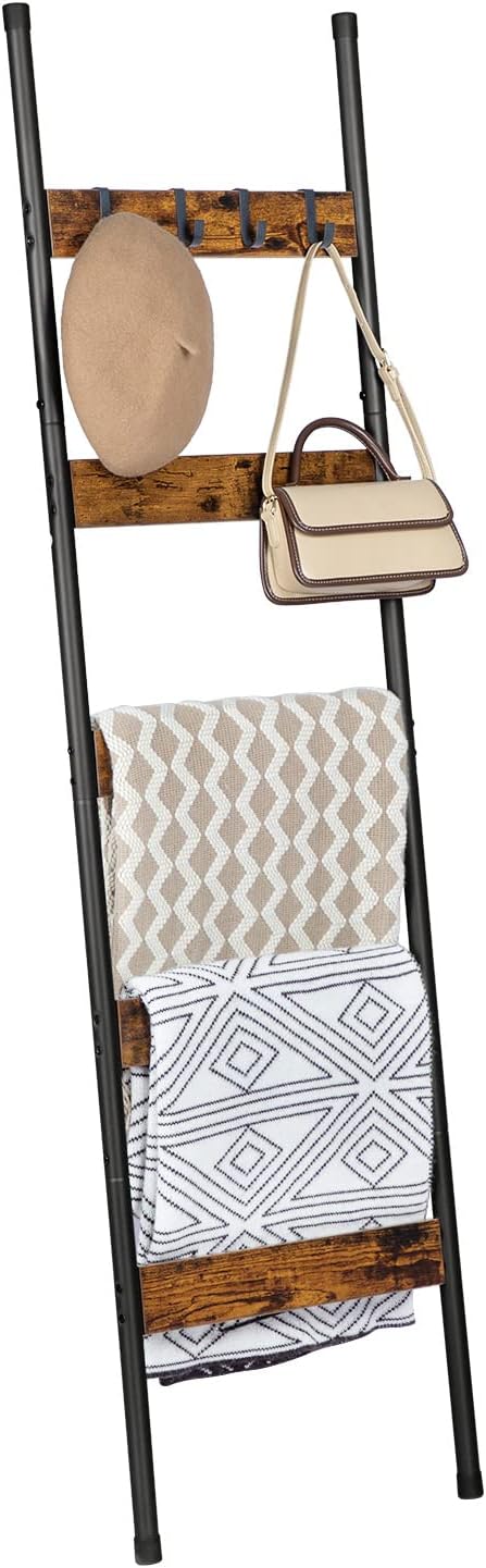 HOOBRO Blanket Ladder, 5-Tier Towel Rack with Hooks, Wall-Leaning Blanket Rack, Decorative Display Ladder Shelf, for Scarves, Industrial, Living Room, Bedroom, Rustic Brown and Black BF52CJ01G1
